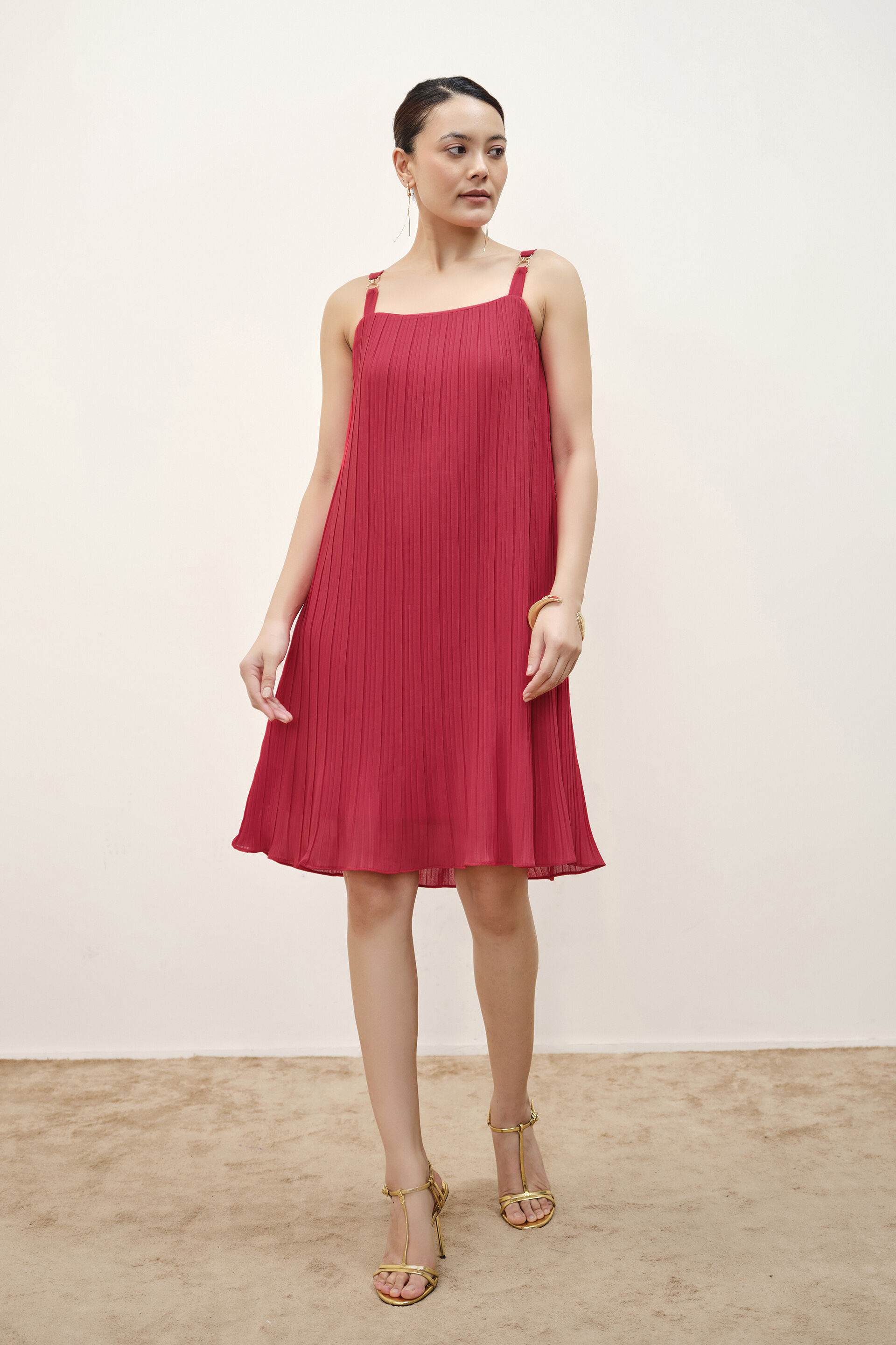 Poppy Red Pleated Dress, Red, image 1
